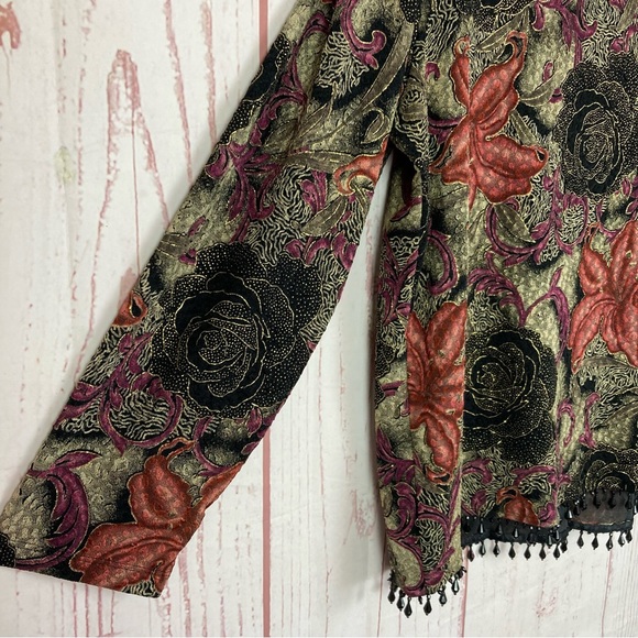 Dressbarn Size 18 20 Beaded Fringe Cardigan Black Floral Glitter Textured Slinky - Picture 12 of 13